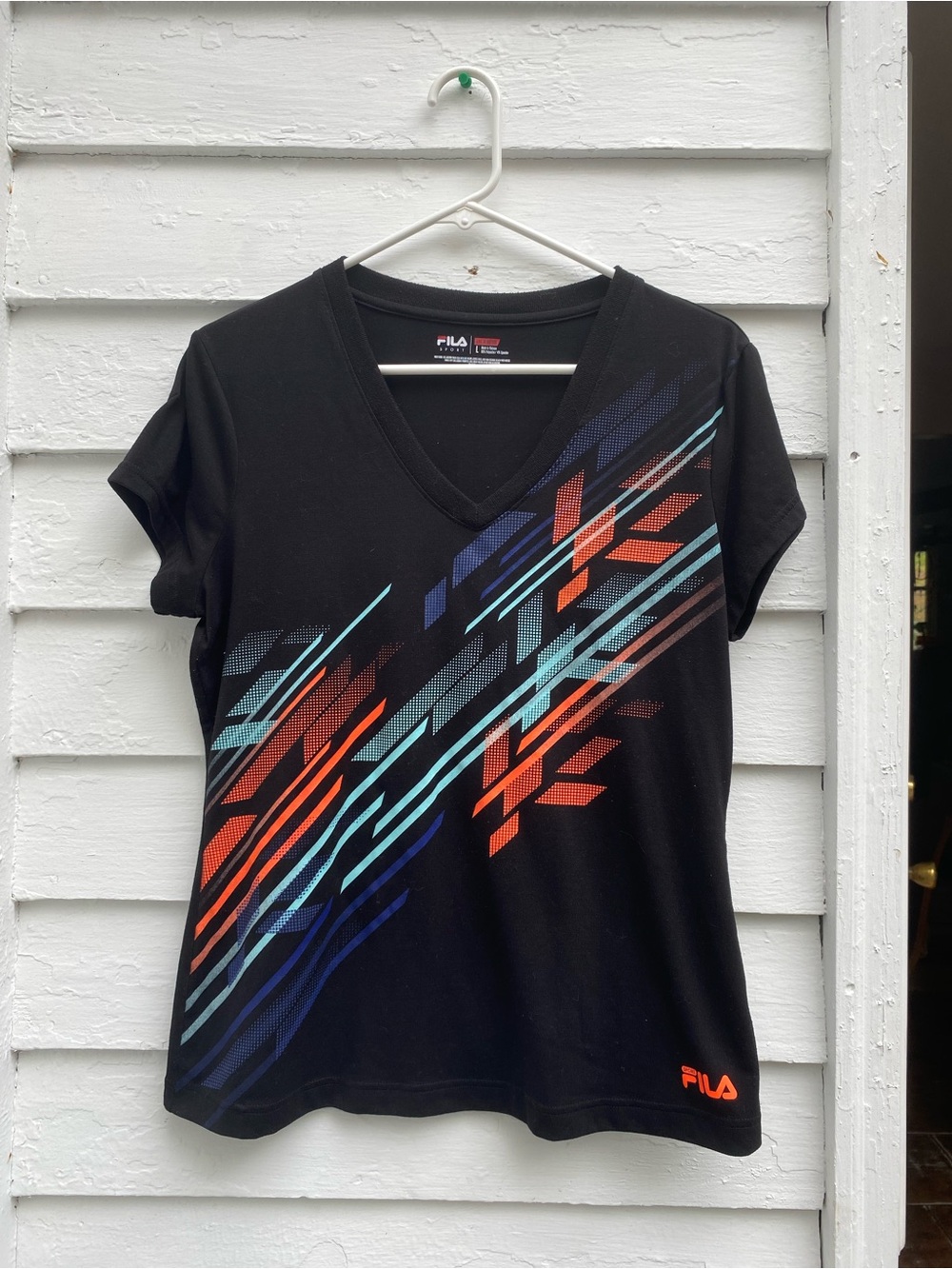 FILA sport Black V-Neck Tee with Red and Teal Graphic